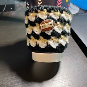 Black and Gold Bedazzled football knitted coffee coozy